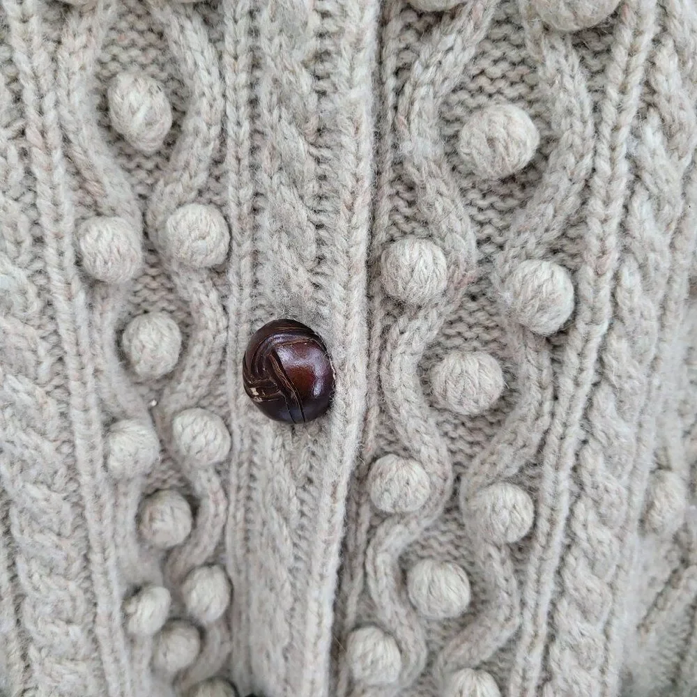 Vintage 70's Faconnable cardigan sweater wool‎ long 3D knobby granny core tan S